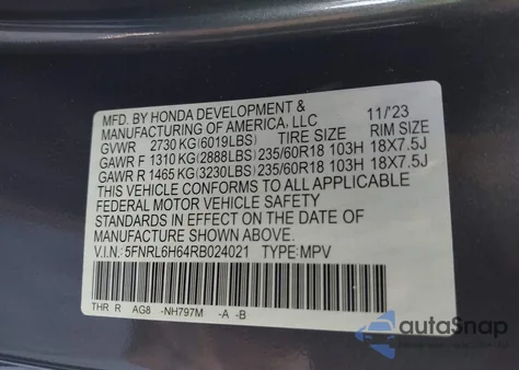 2024 Honda Odyssey Ex-L z USA, uszkodzony, nr VIN 5FNRL6H64RB024021